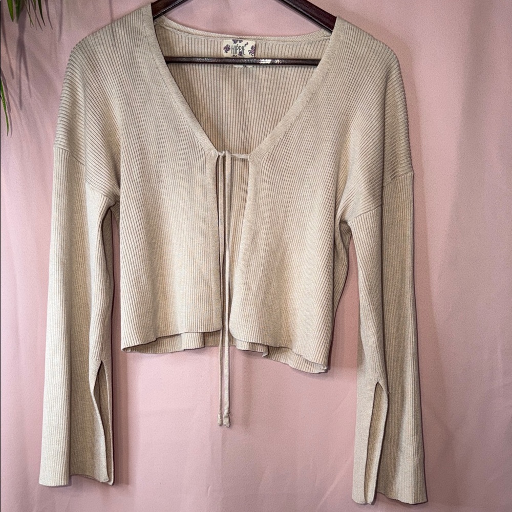 Hippie Rose Light Beige Ribbed Tie-Front Cropped Top